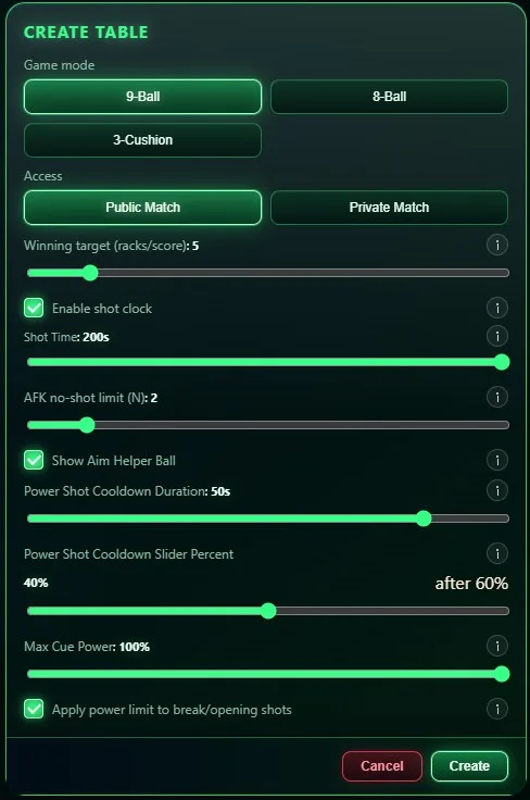 Casual table creation with game type and match settings