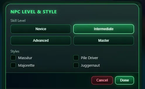 NPC difficulty levels and play styles in local match setup