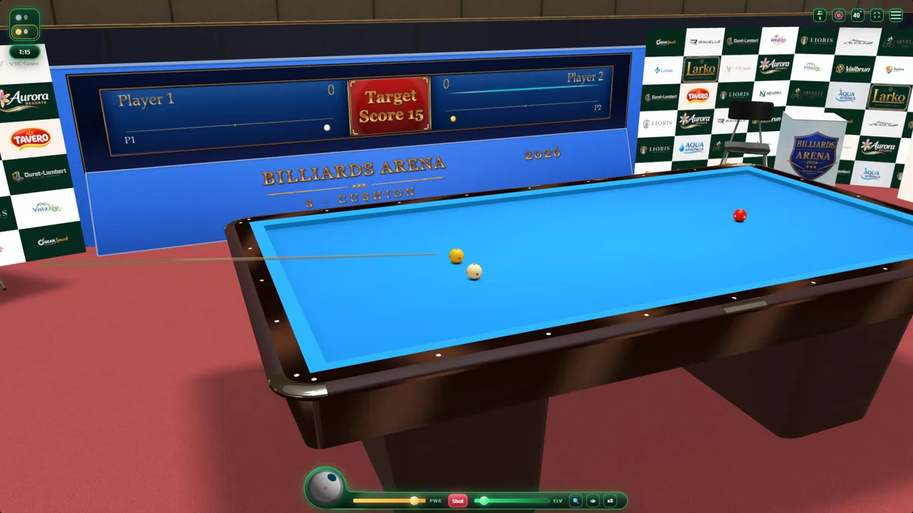 Billiards Arena three-cushion table and aiming controls