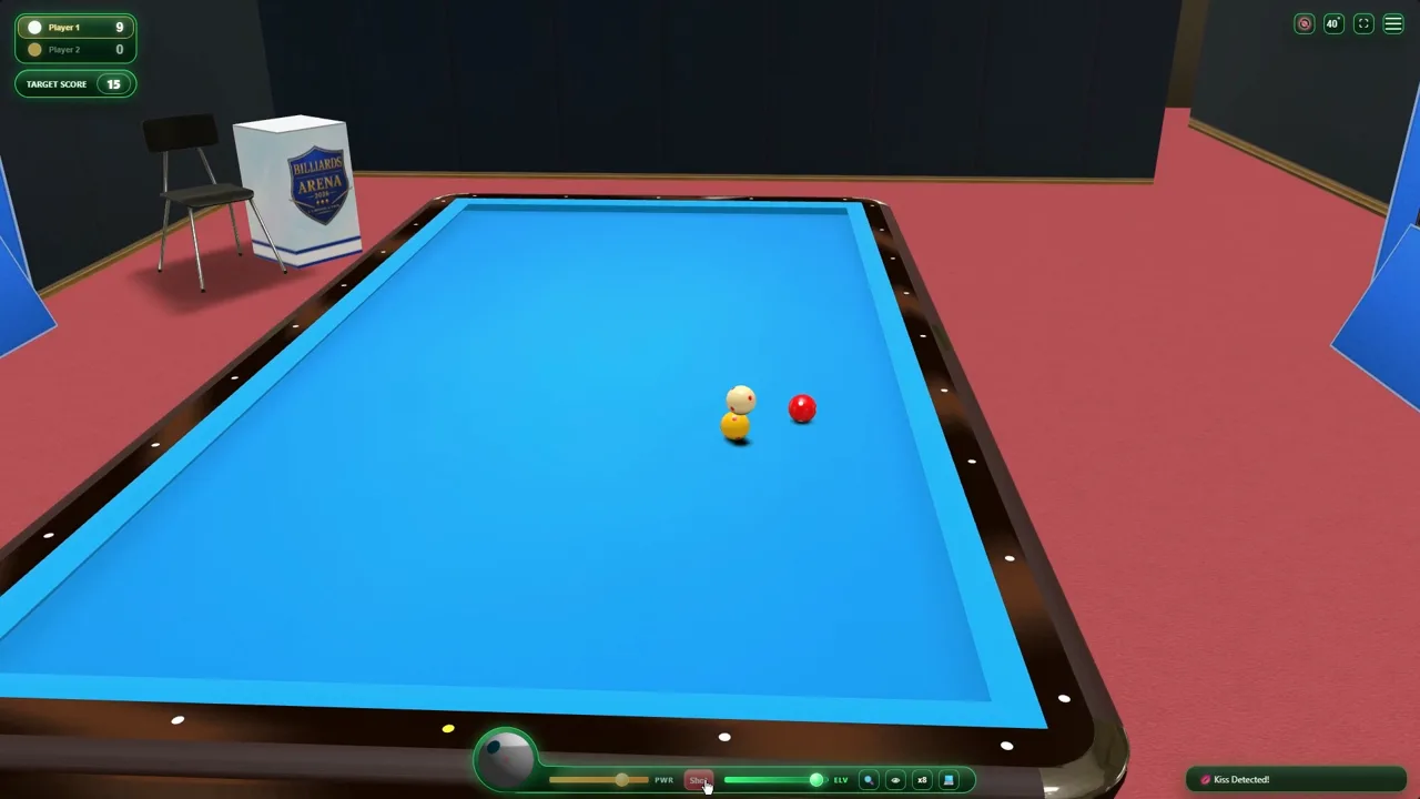 Three-cushion training shot with an elevated cue-ball trajectory